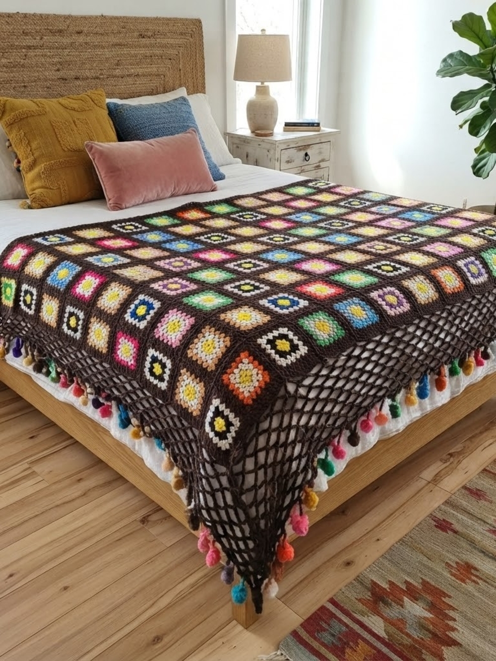Vintage Granny Square Crochet Blanket 70s Boho Throw Multi Color Fringe